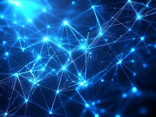 Fototapeta premium Futuristic low-poly geometric abstract design with blue wireframe and glowing orange network connections