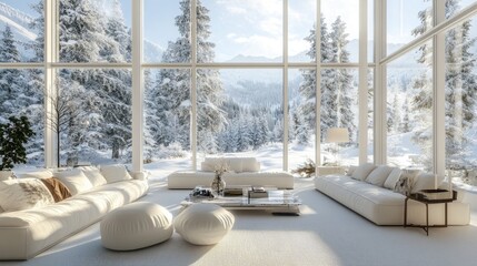 Modern White Living Room Overlooking Snowy Mountain Landscape