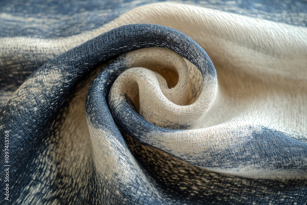 Poster Close-up of a textured fabric with swirling patterns in blue and cream colors.