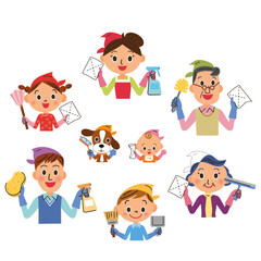 掃除の服装と掃除道具を持っている三世代家族