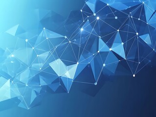 Futuristic low-poly geometric abstract design with blue wireframe and glowing orange network connections