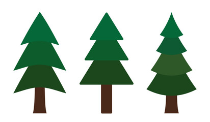 Set of Christmas trees. Traditional winter holiday firs with ornament, in pot, in craft paper, Xmas spruce with festive decoration, balls, lights. Vector illustrations on transparent background.