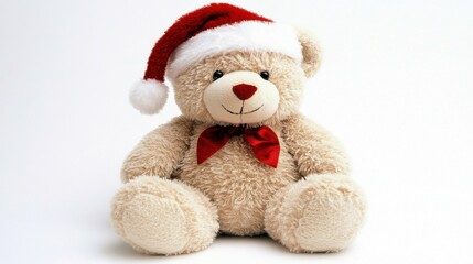 Adorable Christmas Teddy Bear Wearing Santa Hat and Red Bow, Perfect for Holiday Decor, Gifts, and Festive Celebrations for Children and Adults Alike