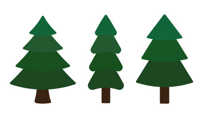 Set of Christmas trees. Traditional winter holiday firs with ornament, in pot, in craft paper, Xmas spruce with festive decoration, balls, lights. Vector illustrations on transparent background.