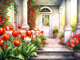 Naklejka premium 春の花に囲まれた玄関
