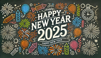 Happy New Year 2025 Celebration &ndash; Hand-Drawn Chalkboard Design with Colorful Fireworks, Balloons, Rockets, and Festive Illustrations Perfect for Greeting Cards, Event Posters, and Digital Content