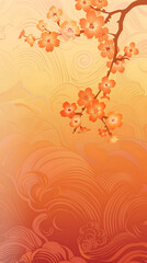 Vibrant Cherry Blossom Branch Against a Soft Gradient Background with Elegant Swirls and Waves, Evoking Tranquility and Natural Beauty in Artful Design