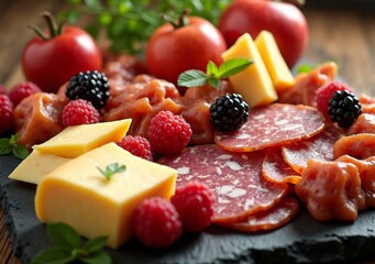 Gourmet charcuterie board featuring fresh fruits and assorted cheeses at a rustic setting