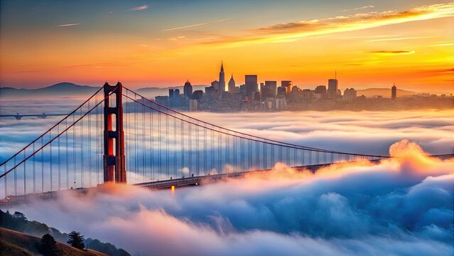 Peaceful San Francisco cityscape at dawn with fog rolling in over the Golden Gate Bridge and city skyline
