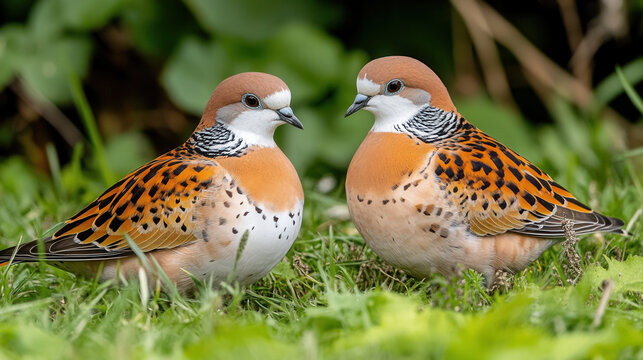 Close up of two European turtle doves in grass, showcasing their beautiful plumage and gentle demeanor. These birds symbolize love and peace in nature