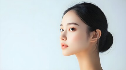 Naklejka premium Beautiful young asian woman with clean fresh skin on white background, Face care, Facial treatment, Cosmetology, beauty and spa, Asian women portrait