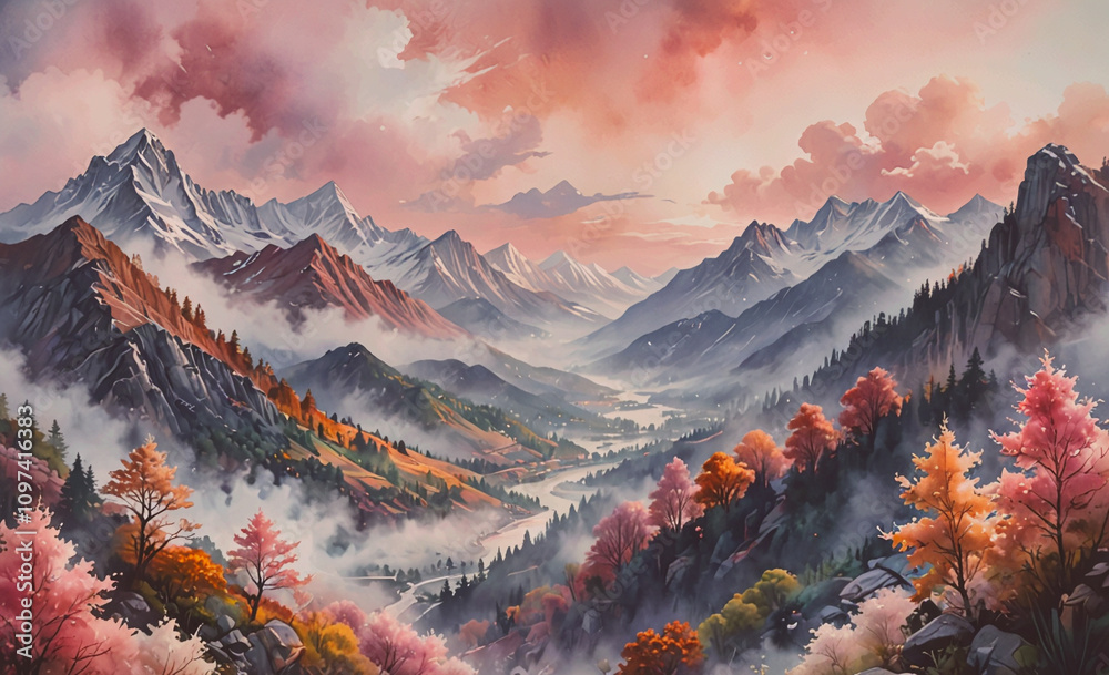 Aufkleber a mountain range with a river running through it. the mountains are covered in snow and the sky is p
