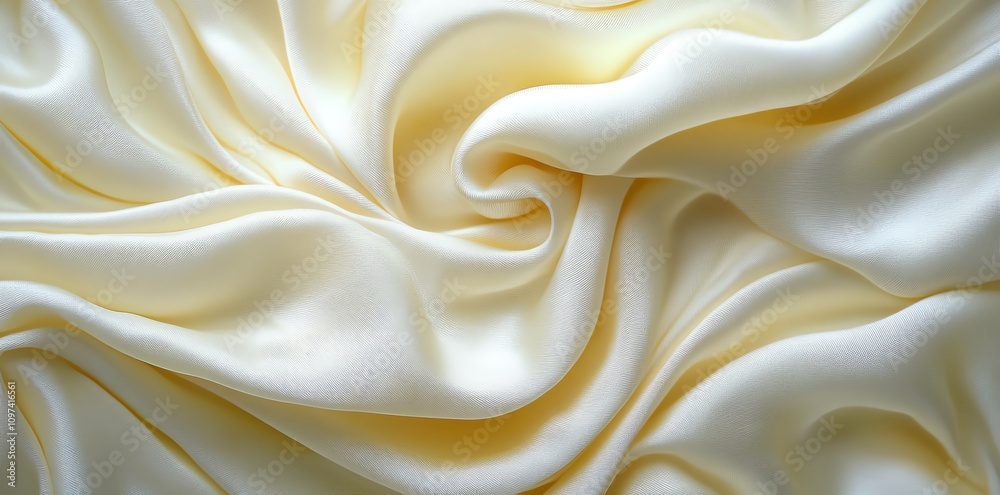 Poster a close-up of soft, flowing yellow satin fabric displaying elegant folds and texture.