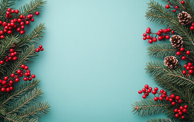 Elegant festive evergreen branches with red berries set against a serene turquoise background, perfect for Christmas designs, holiday cards, or seasonal invitations.