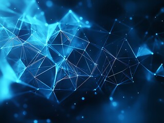 Obraz premium Futuristic low-poly geometric abstract design with blue wireframe and glowing orange network connections