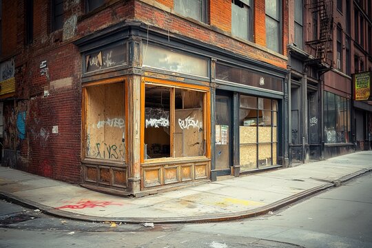Abandoned corner store with boarded windows and graffiti.