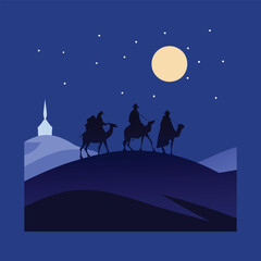 Fototapeta premium The Three Wise Men, or Magi, traveled from the East to Bethlehem following a star, bringing gifts of gold, frankincense, and myrrh to honor the newborn Jesus Christ.