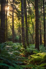 Obraz premium A vibrant forest where sunlight dances through the leaves and wildlife roams.