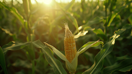 Close-up of ripe corn on the cob in a sunlit green field