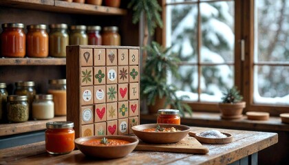 Advent Calendar with Soup Ingredients on Rustic Shelves