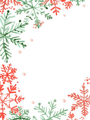 Festive Watercolor Snowflake and Leaf Border Design in Red and Green for Holiday Greetings, Invitations, and Seasonal Decor Ideas