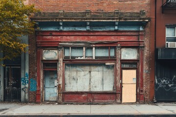 Abandoned storefront with red facade, boarded windows, and graffiti.