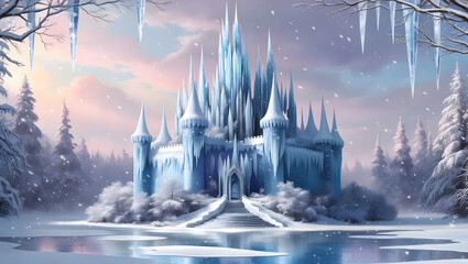 A majestic ice castle stands tall in a mysterious snow-covered forest, surrounded by towering crystal spires that refract and reflect the soft light of the setting sun.