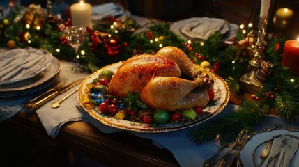 A Festive Holiday Table Setting Featuring a Golden Brown Roast Turkey Surrounded by Colorful Fruits and Decorative Garnishes for a Merry Celebration