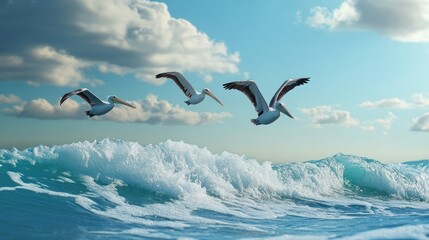 Three Pelicans Soaring Over Ocean Waves: A Breathtaking Coastal Scene