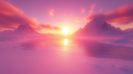 stunning sunset over serene arctic landscape, with mountains reflecting in icy waters. vibrant pink and purple hues create magical atmosphere
