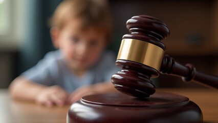Little boy is behind judge's gavel. Blurred background
