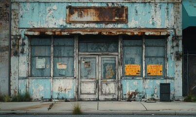 Abandoned, weathered storefront with peeling paint, rusty awning, and boarded-up doors and windows.