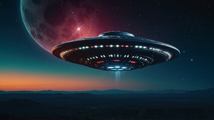 Obraz premium Alien Spaceship (UFO) Flying at Night: Mysterious Scene with the Moon Illuminating the Sky
