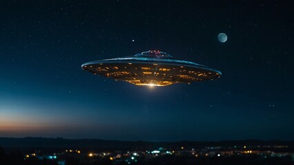 Obraz premium Alien Spaceship (UFO) Flying at Night: Mysterious Scene with the Moon Illuminating the Sky