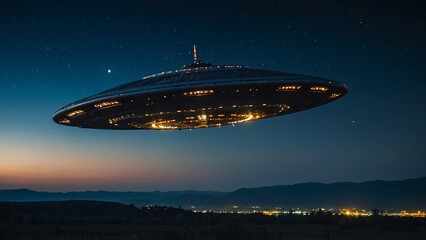 Obraz premium Alien Spaceship (UFO) Flying at Night: Mysterious Scene with the Moon Illuminating the Sky