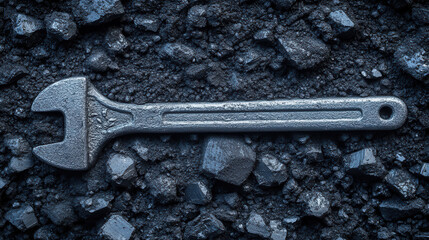 metallic adjustable wrench rests on bed of coal, showcasing contrast between tool and dark, textured surface. This evokes sense of industrial strength and utility