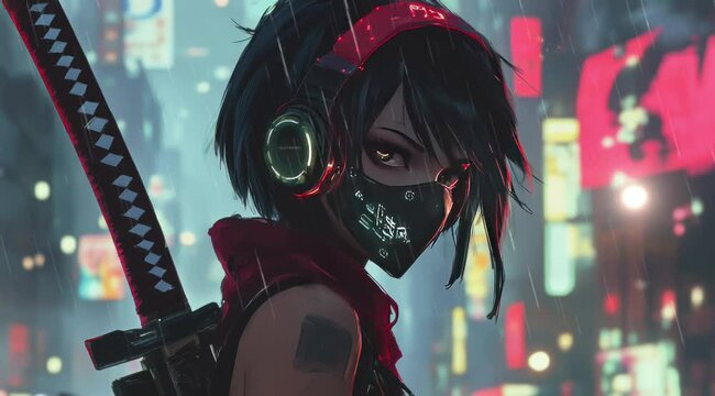 a woman with short hair wearing a mask. Virtual 4K video animation background with looping time lapse with very smooth graphics.