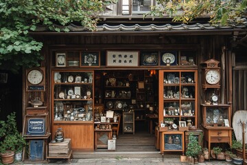 Antique clock shop in old town, filled with vintage timepieces.
