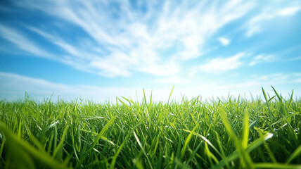 Fototapeta premium Bright green grass under a clear blue sky with scattered clouds