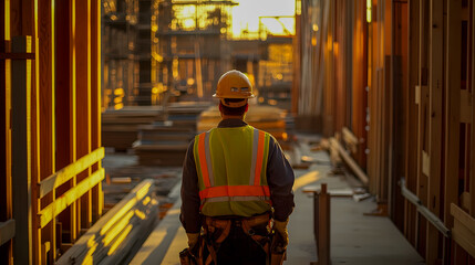 Obraz premium Construction Worker Walking Through Building Site at Sunset, Safety Gear, Industrial Environment, Golden Hour, Urban Landscape, Professional Trade
