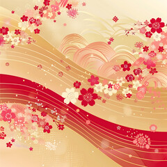 Vibrant Floral Patterns with Waves, Rich Red and Gold Colors, Captivating Abstract Design Featuring Blossoms and Flowing Lines for Artistic Expression