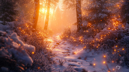Magical winter forest path illuminated by warm sunlight and glowing particles