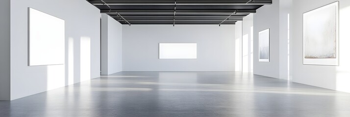 A modern interior with empty white walls and concrete flooring, ideal for art exhibition or gallery space, with bright lighting. 3D Rendering