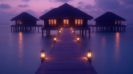 serene view of overwater bungalows at dusk, surrounded by calm waters and soft lighting, creating tranquil atmosphere
