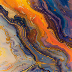 Vivid Abstract Swirl of Orange, Blue, and Gold Colors Creating a Mesmerizing Fluid Art Background for Creative Projects and Modern Design