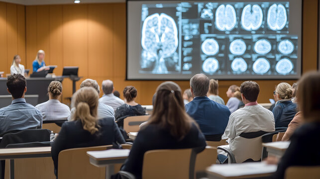 Medical presentation in modern classroom with audience observing brain imaging on screen, two presenters discussing healthcare innovation and research findings