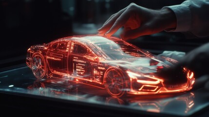 Futuristic 3D Model of a Transparent Car in a High-Tech Laboratory Environment with Hands Interacting with Holographic Display Technology