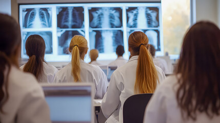 Medical Students Engaged in Learning and Analyzing Chest X-rays in Classroom Setting with Medical Charts and Technology Displayed Behind Them
