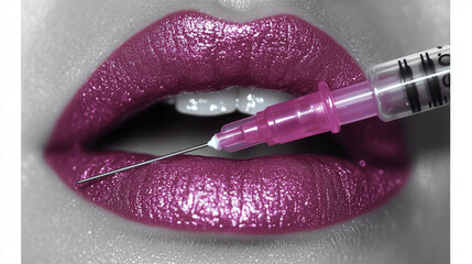 Obraz premium Cosmetologist performing lip filler injection with syringe on glossy lips. procedure enhances lip volume and shape, showcasing beauty and confidence