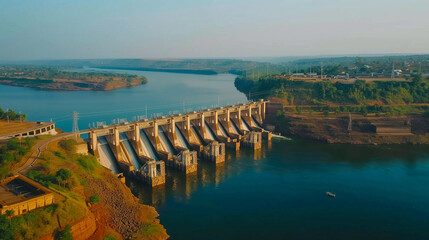 Obraz premium Hydroelectric dam generating renewable energy on a wide river in a rural landscape